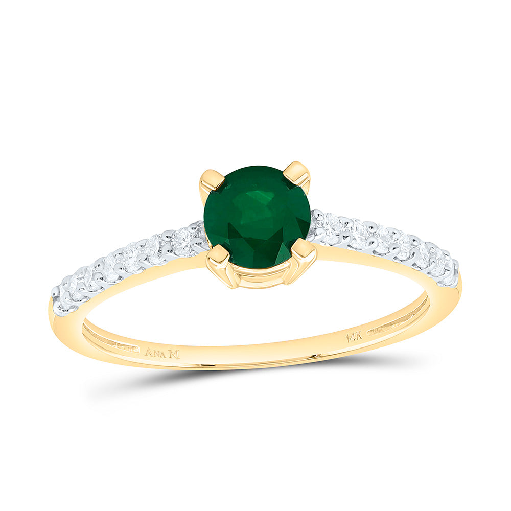 14K Yellow Gold 1/5Ctw Natural Diamond Ana M 5.3Mm Round Emerald Natural Gem Ring