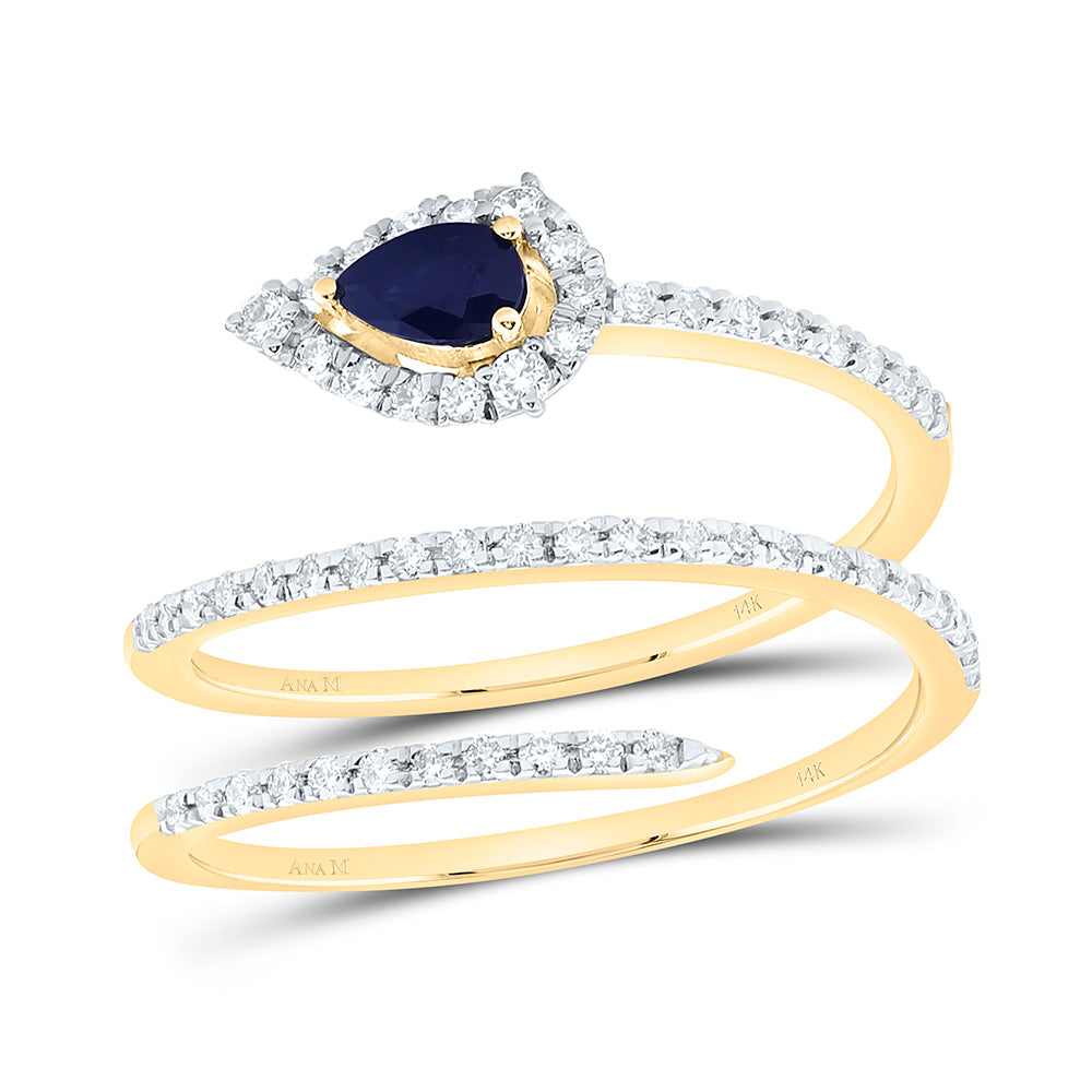 14K Yellow Gold 1/3Ctw Natural Diamond Ana M 4.4X2.8Mm Pear Blue Sapphire Natural Gem Ring