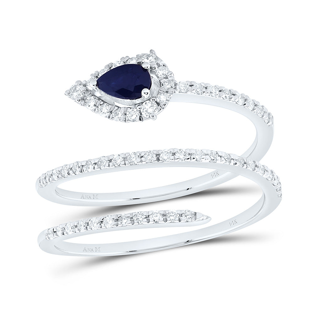 14K Yellow Gold 1/3Ctw Natural Diamond Ana M 4.4X2.8Mm Pear Blue Sapphire Natural Gem Ring