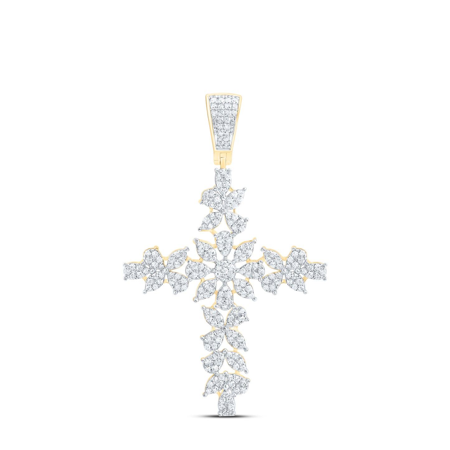 10K Yellow Gold 3/4 Cttw Natural Diamond Nk Flower Fashion Cross Pendant