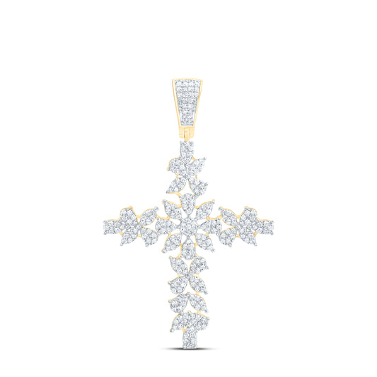 10K Yellow Gold 3/4 Cttw Natural Diamond Nk Flower Fashion Cross Pendant
