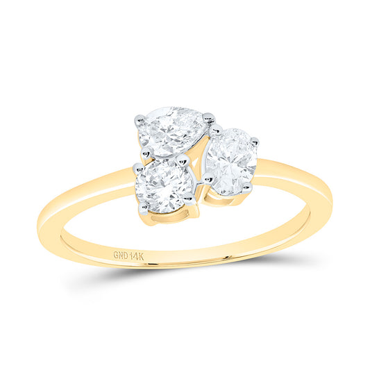 14K Yellow Or White Gold 3/4 Cttw Natural Diamond I1 IJ 1/4 Cttw Center Round, 1/4 Cttw Pear, 1/4 Cttw Oval, 3 Stone Bridal Anniversary Wedding Engagement Band Ring