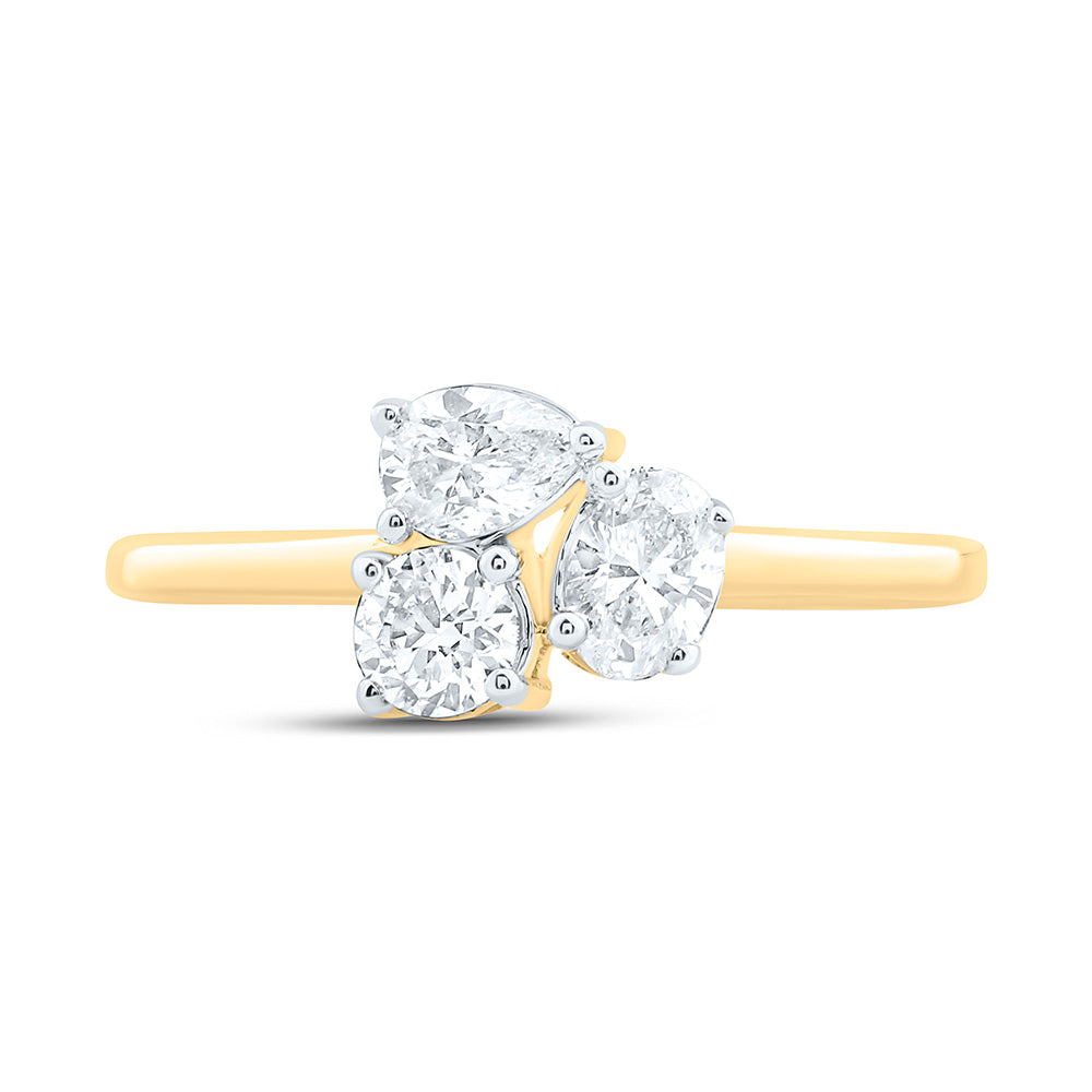 14K Yellow Or White Gold 3/4 Cttw Natural Diamond I1 IJ 1/4 Cttw Center Round, 1/4 Cttw Pear, 1/4 Cttw Oval, 3 Stone Bridal Anniversary Wedding Engagement Band Ring