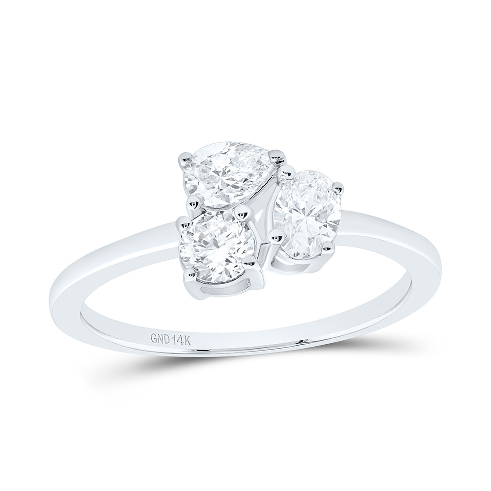 14K Yellow Or White Gold 3/4 Cttw Natural Diamond I1 IJ 1/4 Cttw Center Round, 1/4 Cttw Pear, 1/4 Cttw Oval, 3 Stone Bridal Anniversary Wedding Engagement Band Ring