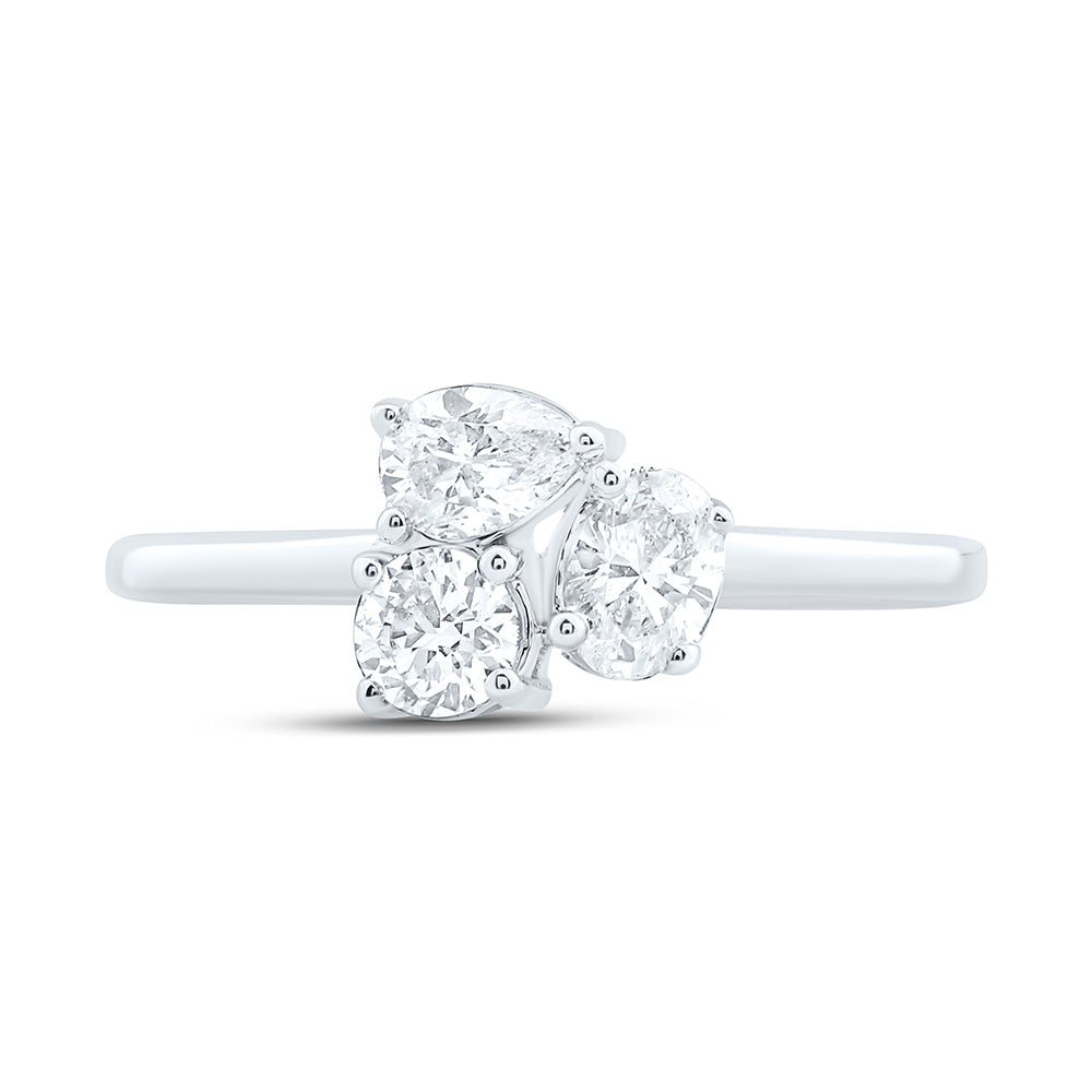 14K Yellow Or White Gold 3/4 Cttw Natural Diamond I1 IJ 1/4 Cttw Center Round, 1/4 Cttw Pear, 1/4 Cttw Oval, 3 Stone Bridal Anniversary Wedding Engagement Band Ring