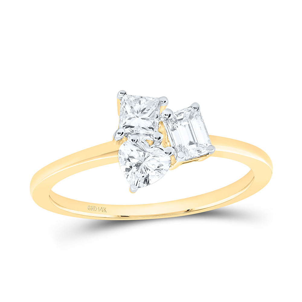 14K Yellow Or White Gold 3/4Cttw Natural Diamond I1 Ij 1/4Ct Center Emerald, 1/4Ct Center Heart, 1/4Ct Center Princess 3 Stone Ring