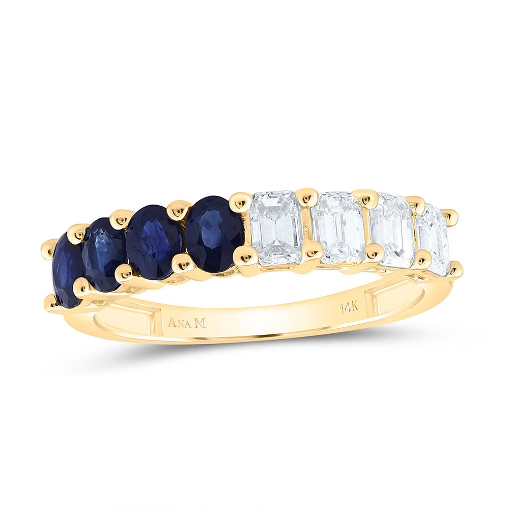 14K Yellow Gold 1 Cttw Natural Diamond Ana M 3/4 Cttw Oval Blue Sapphire Natural Gem Bridal Anniversary Wedding Engagement Band Ring