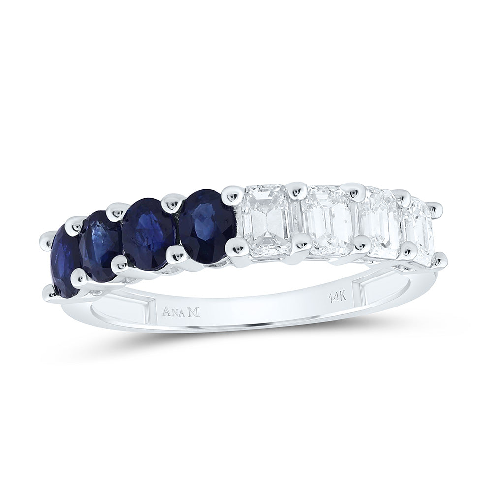 14K White Gold 1 Cttw Natural Diamond Ana M 3/4Ct Oval Blue Sapphire Natural Gem Band