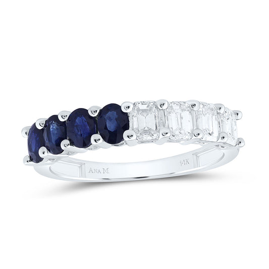 14K White Gold 1 Cttw Natural Diamond Ana M 3/4Ct Oval Blue Sapphire Natural Gem Band