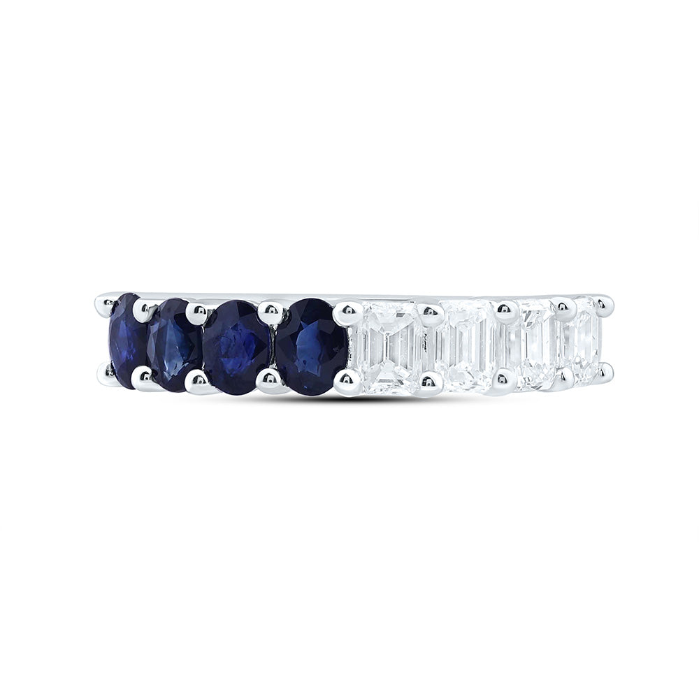 14K White Gold 1 Cttw Natural Diamond Ana M 3/4Ct Oval Blue Sapphire Natural Gem Band