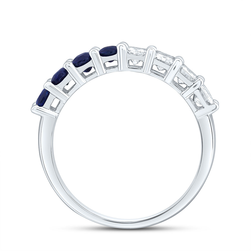 14K White Gold 1 Cttw Natural Diamond Ana M 3/4Ct Oval Blue Sapphire Natural Gem Band