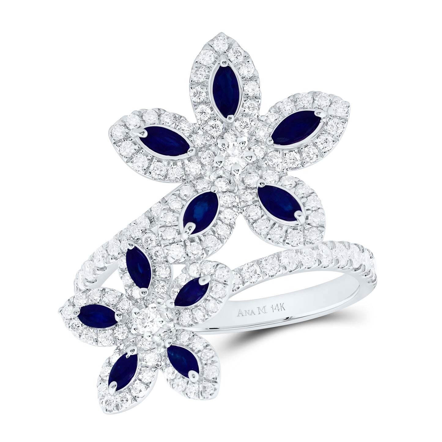 14K White Gold 3/4 Cttw Natural Diamond Ana M 3/4 Cttw Marquise Blue Sapphire Natural Gem Flower Bridal Anniversary Wedding Engagement Band Ring