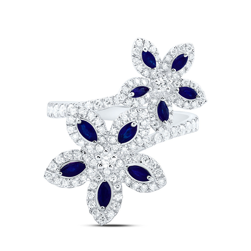 14K White Gold 3/4 Cttw Natural Diamond Ana M 3/4 Cttw Marquise Blue Sapphire Natural Gem Flower Bridal Anniversary Wedding Engagement Band Ring
