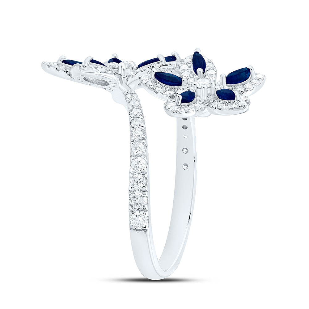 14K White Gold 3/4 Cttw Natural Diamond Ana M 3/4 Cttw Marquise Blue Sapphire Natural Gem Flower Bridal Anniversary Wedding Engagement Band Ring