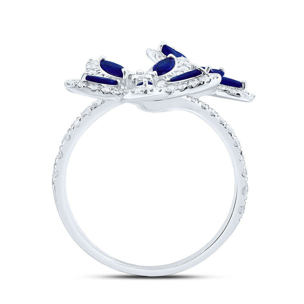 14K White Gold 3/4 Cttw Natural Diamond Ana M 3/4 Cttw Marquise Blue Sapphire Natural Gem Flower Bridal Anniversary Wedding Engagement Band Ring