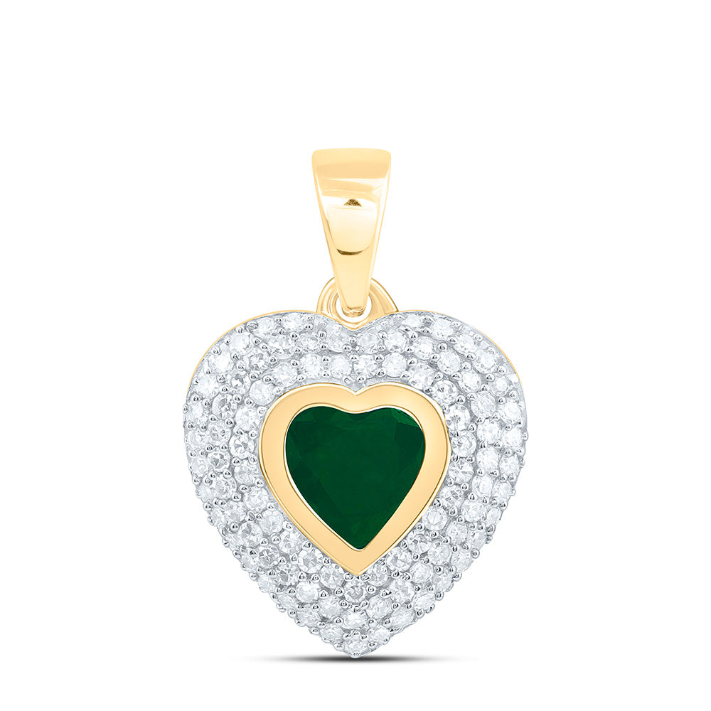14K Yellow Gold 1/4 Cttw Natural Diamond Cn 5Mm Heart Emerald Natural Gem Heart Pendant