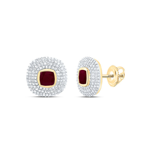 14K Yellow Gold 3/4Ctw Natural Diamond Cn 4.90Mm Cushion Ruby Natural Gem Cushion Earring