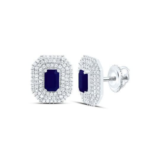 14K White Gold 5/8 Cttw Natural Diamond Cn 6X4Mm Emerald Blue Sapphire Natural Gem Emerald Earring