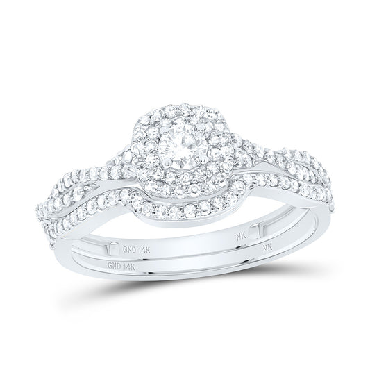 14K White Gold 5/8 Cttw Natural Diamond Nk Cushion Double Halo Anniversary Wedding Engagement Band Ring Bridal Set