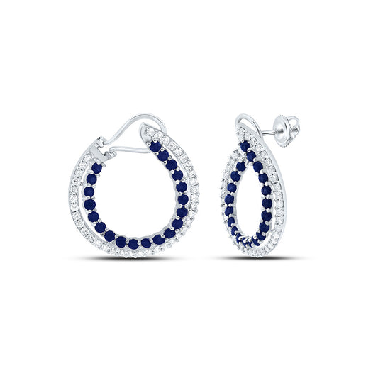 14K White Gold 7/8 Cttw Natural Diamond Ana M 1 5/8 Cttw Round Blue Sapphire Natural Gem Hoop Earring