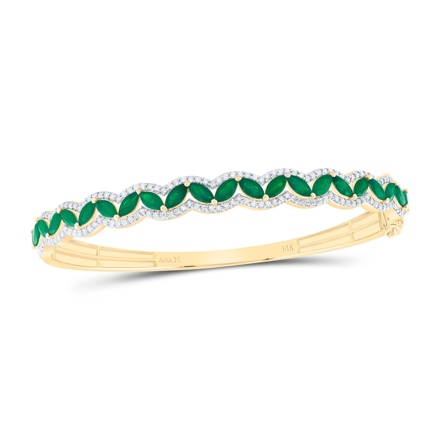 14K Yellow Gold 1 1/5 Cttw Natural Diamond Ana M 3 1/2 Cttw Marquise Emerald Natural Gem Bangle (65X55Mm)