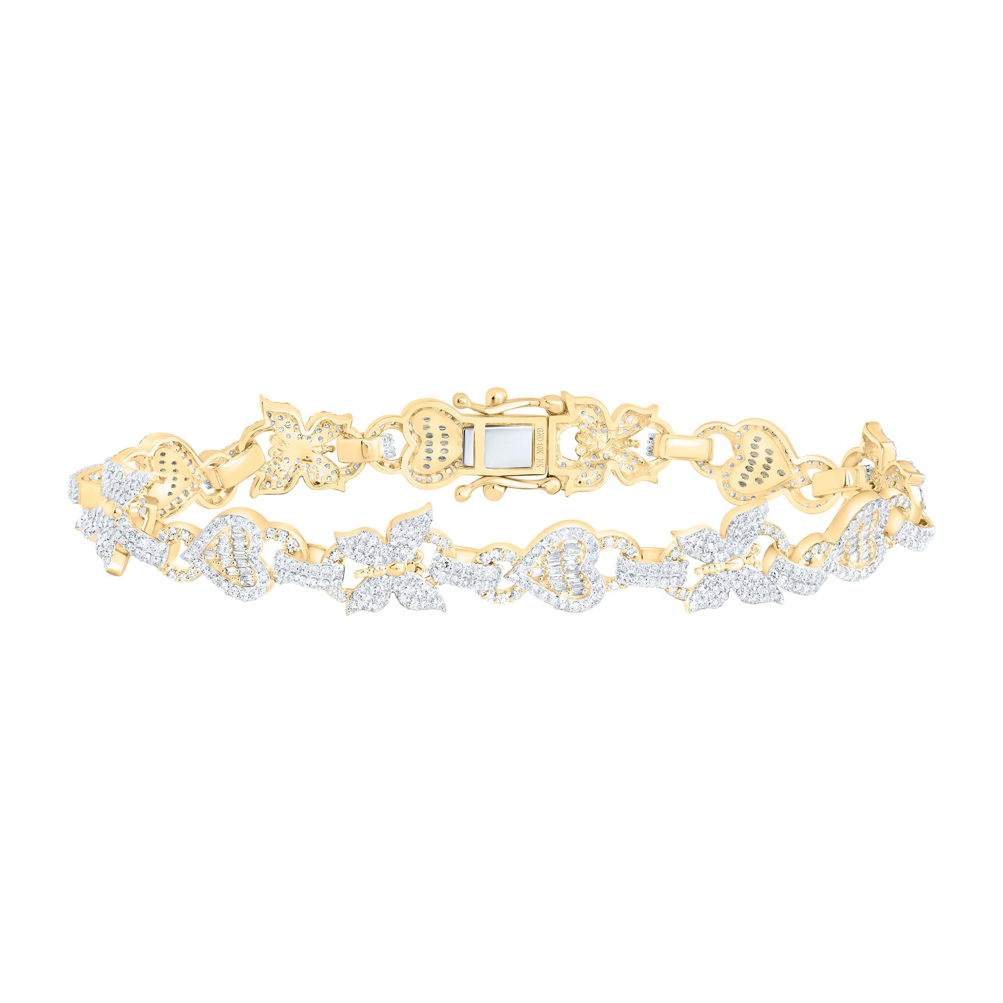 10K Yellow Gold 3Cttw Natural Diamond Nk Fashion Butterfly Heart Bracelet (7 Inch)