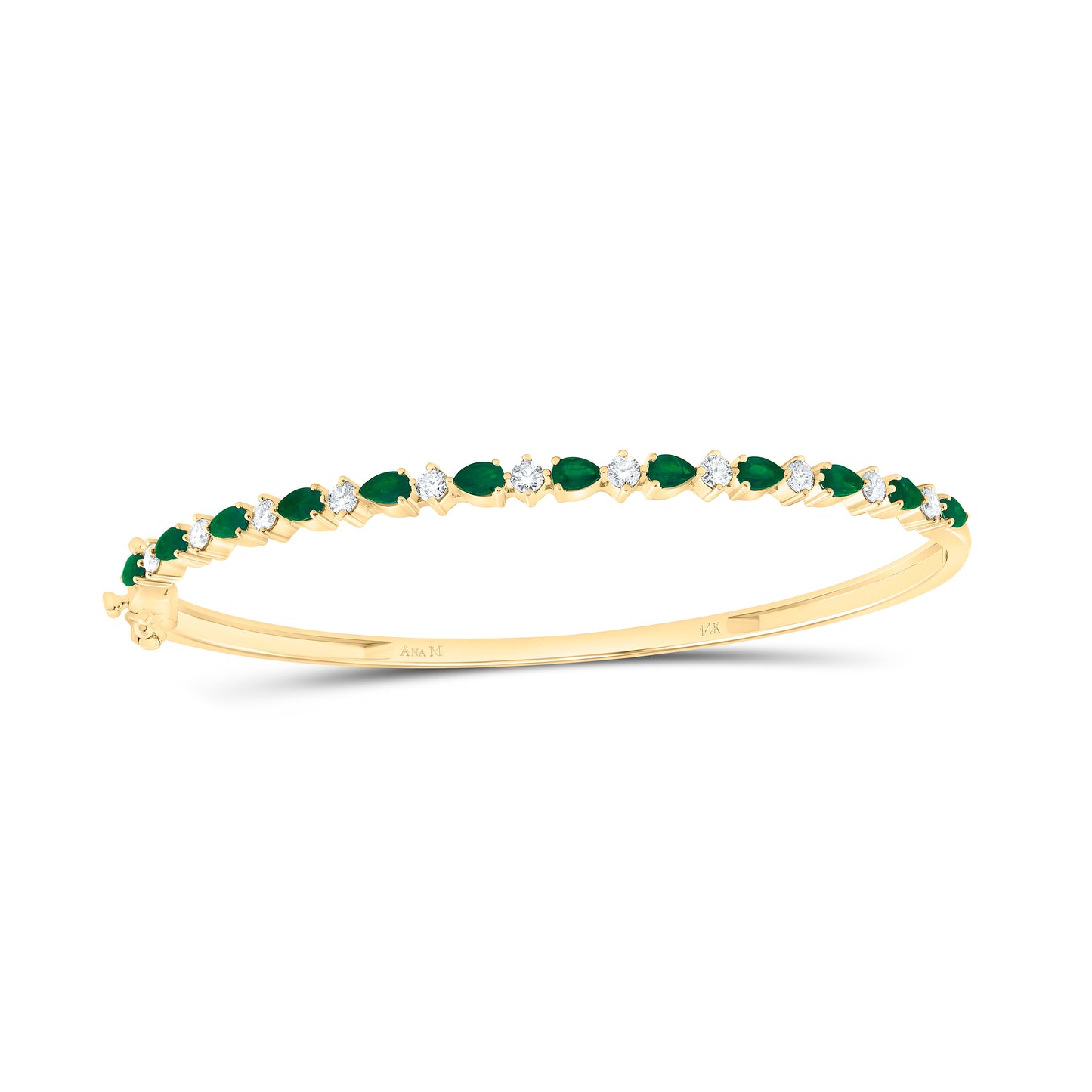 14K Yellow Gold 3/4Ctw Natural Diamond Ana M 1 5/8Ctw Pear Emerald Natural Gem Bangle (65X55Mm)