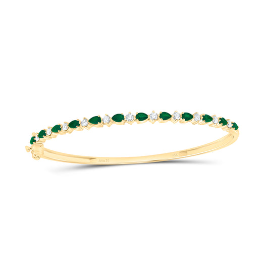 14K Yellow Gold 3/4Ctw Natural Diamond Ana M 1 5/8Ctw Pear Emerald Natural Gem Bangle (65X55Mm)