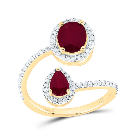14K Yellow Gold 1/3 Cttw Natural Diamond Ana M 8.5X6.5Mm Oval Ruby, 6X4Mm Pear Shape Ruby Natural Gem Fashion Bridal Anniversary Wedding Engagement Band Ring