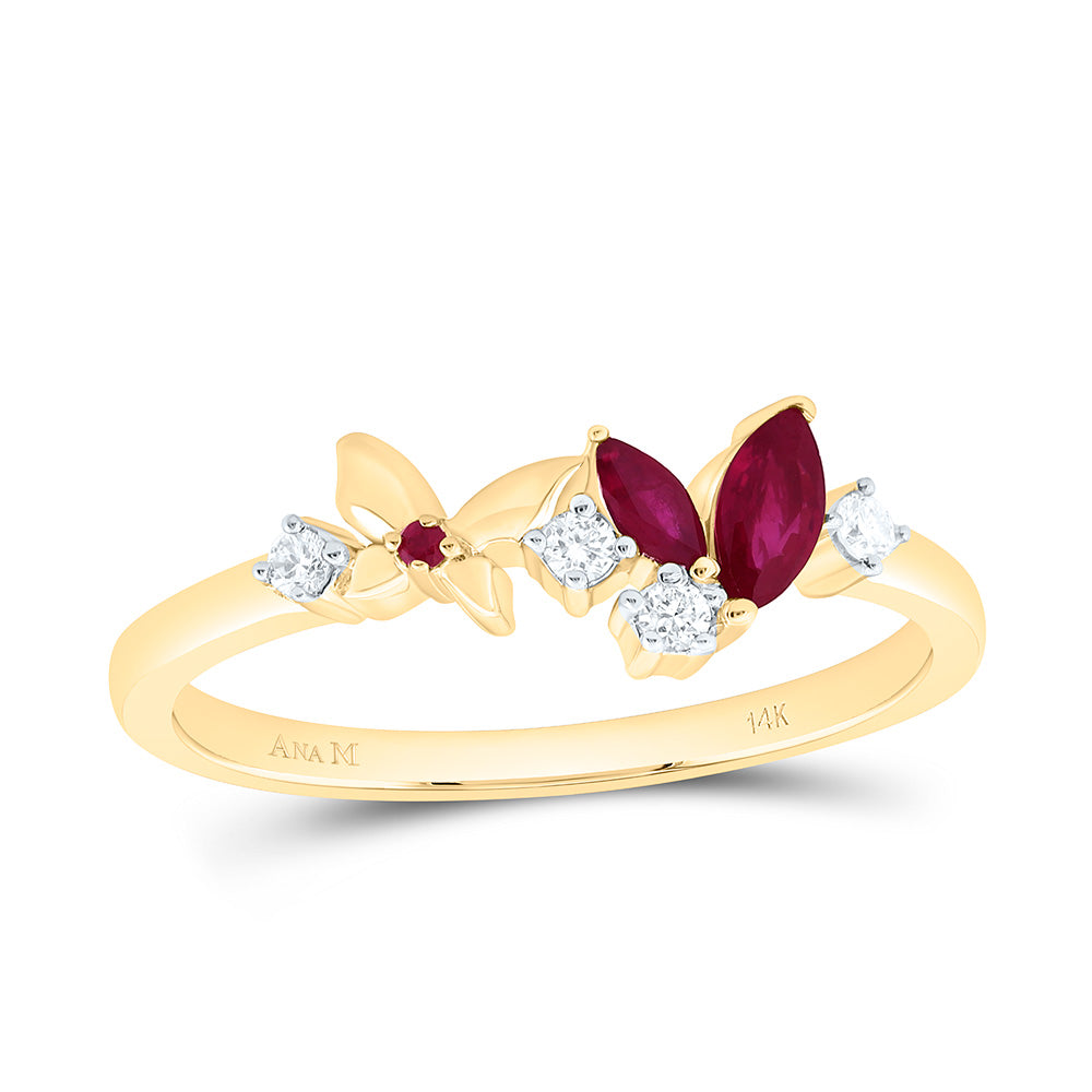14K Yellow Or White Gold 1/12Cttw Natural Diamond Ana M 1.20Mm Round, 1/5Ct Marquise Natural Gem Butterfly Ring