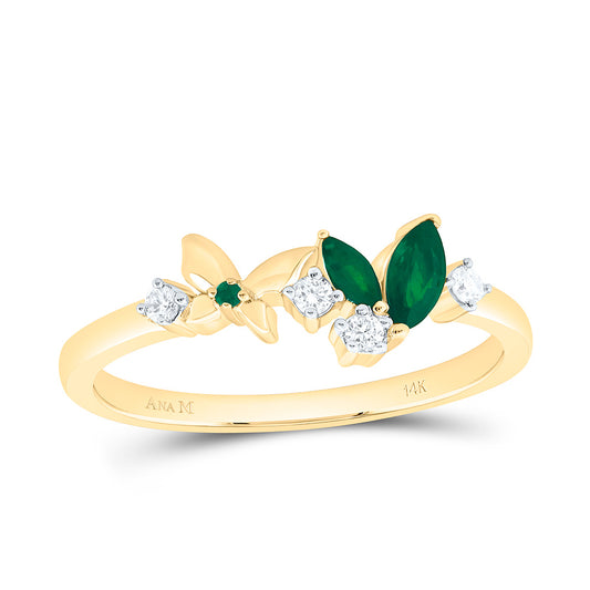 14K Yellow Gold 1/12Ctw Natural Diamond Ana M 1.20Mm Round Emerald, 1/5Ct Marquise Emerald Natural Gem Butterfly Ring