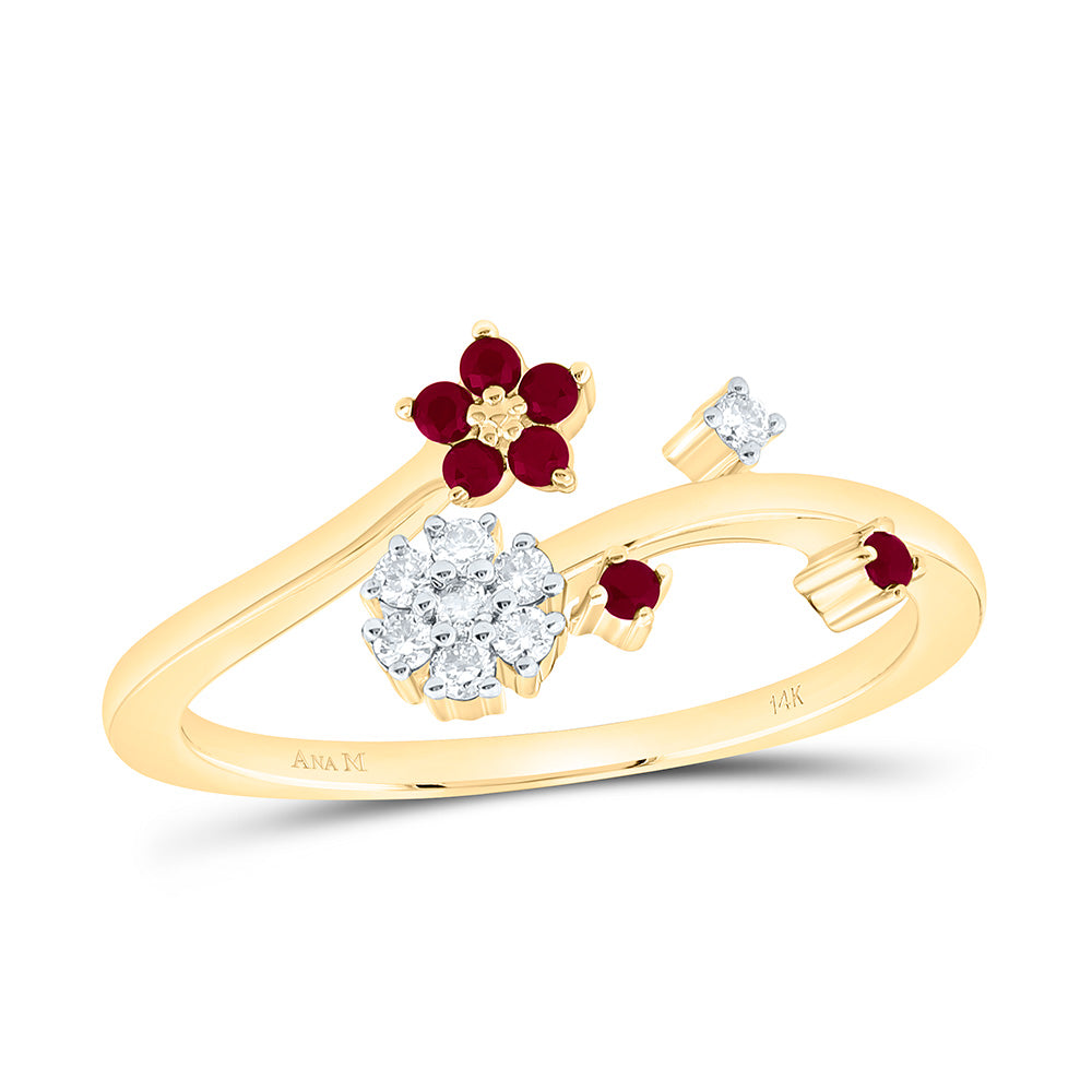 14K Yellow Or White Gold 1/10Cttw Natural Diamond Ana M 1/8Ct Round Ruby, Natural Gem Flower Ring