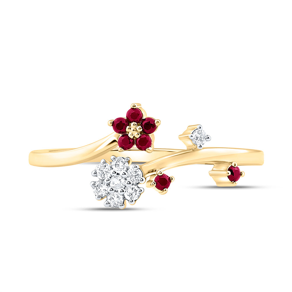 14K Yellow Or White Gold 1/10Cttw Natural Diamond Ana M 1/8Ct Round Ruby, Natural Gem Flower Ring