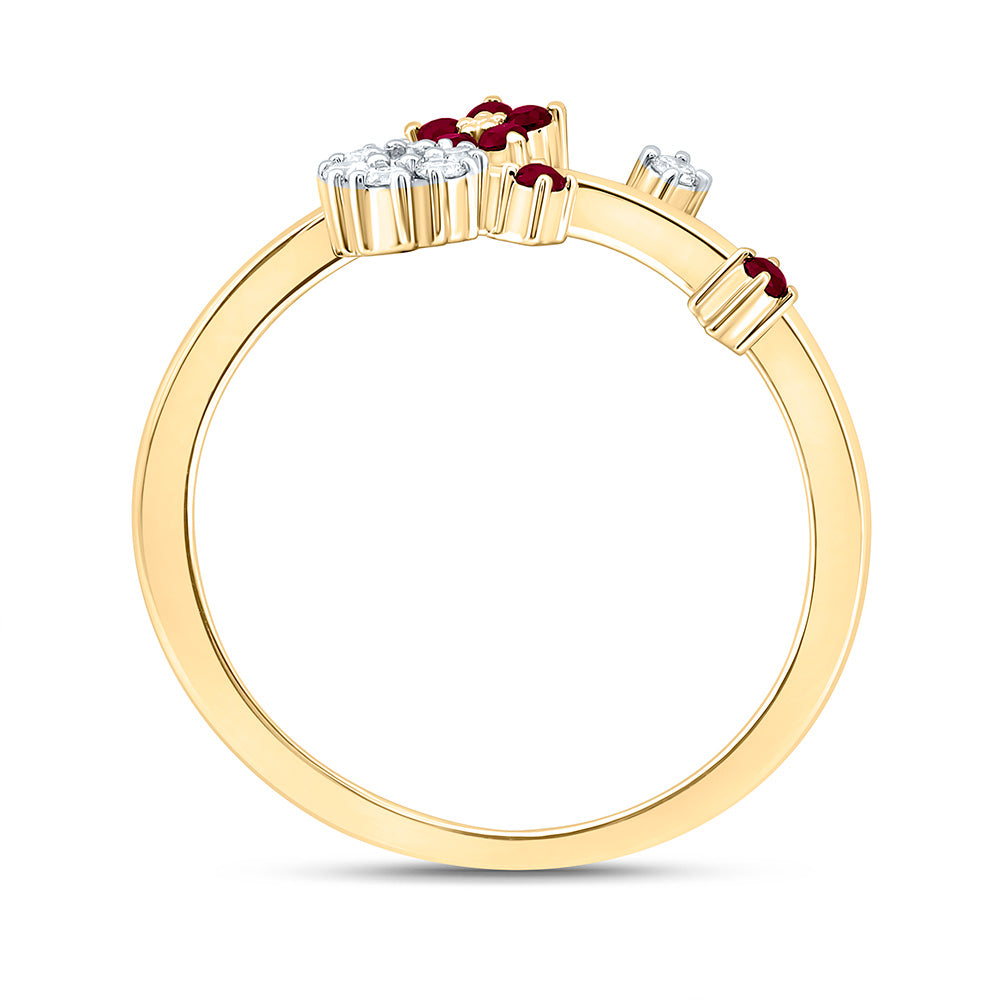 14K Yellow Or White Gold 1/10Cttw Natural Diamond Ana M 1/8Ct Round Ruby, Natural Gem Flower Ring