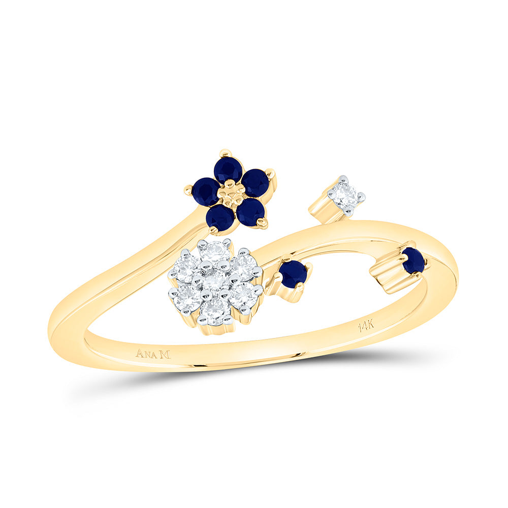 14K Yellow Gold 1/10Ctw Natural Diamond Ana M 1/10Ct Round Blue Sapphire, Natural Gem Flower Ring