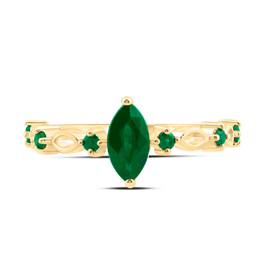 14K Yellow Gold 1/8 Cttw Round Emerald, 8X4Mm Marquise Emerald, Natural Gem Bridal Anniversary Wedding Engagement Band Ring