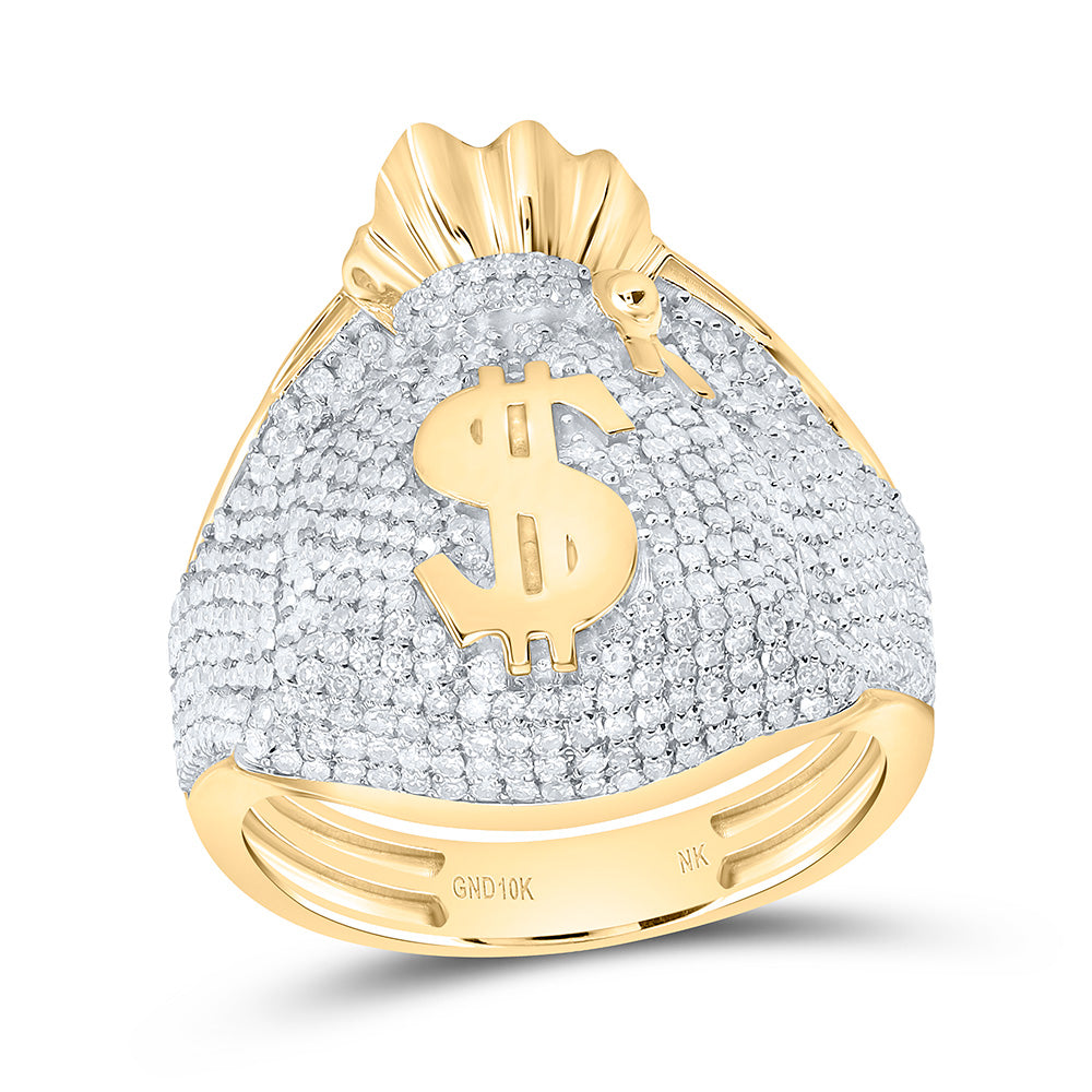 10K Yellow Gold 1 5/8Cttw Natural Diamond Nk Dollar Money Bag Mens Ring