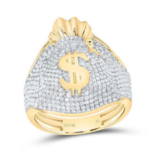 10K Yellow Gold 1 5/8Cttw Natural Diamond Nk Dollar Money Bag Mens Ring