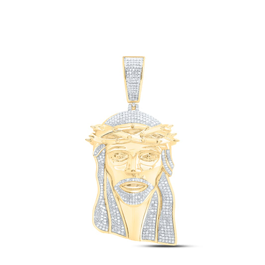 10K Yellow Gold 1 3/4 Cttw Natural Diamond Nk Jesus Face Mens Charm