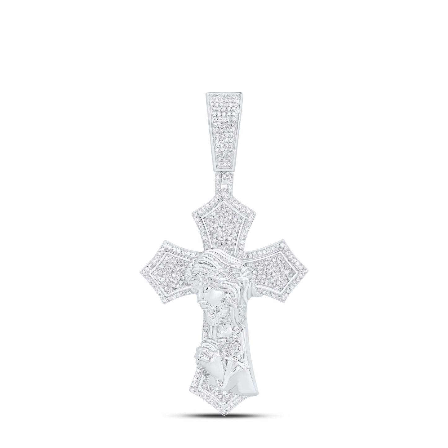 Sterling Silver 1 1/3 Cttw Natural Diamond Jesus Cross Mens Charm