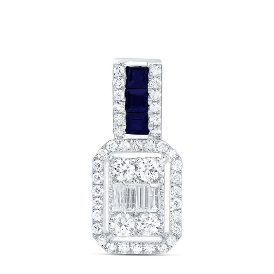 14K White Gold 1/3 Cttw Natural Diamond Ana M 1/5 Cttw Princess Blue Sappphire Natural Gem Emerald Pendant