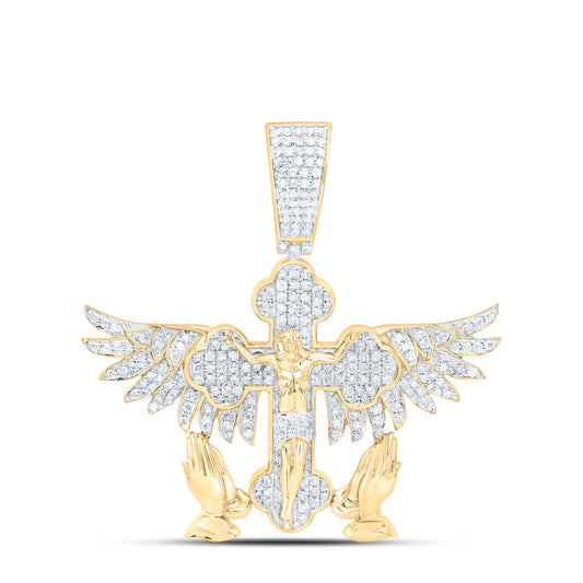 10K Yellow Gold 1Cttw Natural Diamond Nk Praying Hand Cross Wings Jesus Mens Charm
