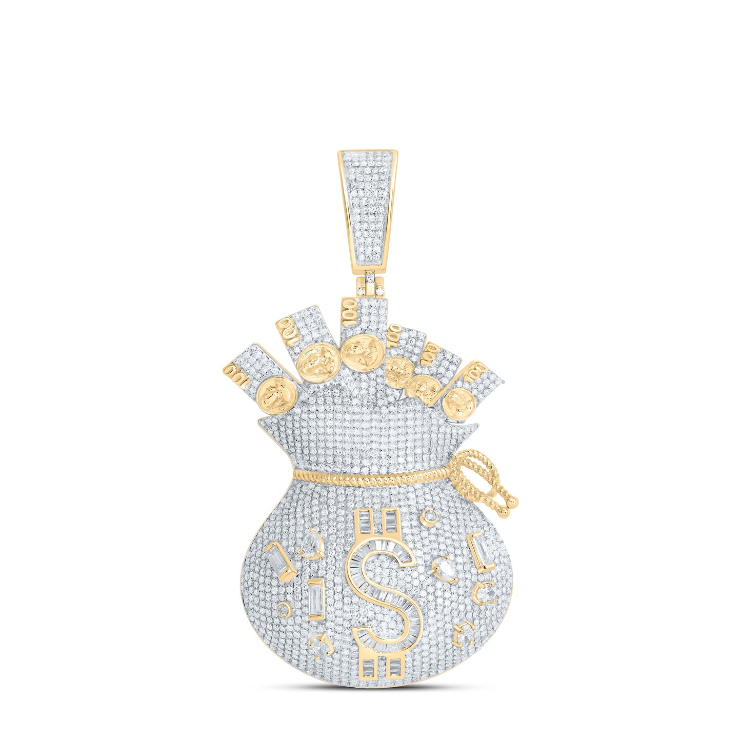 10K Yellow Gold 4 3/4Cttw Natural Diamond Nk 1/5Ct-Cov, 1/5Ct-Cps, Dollar Money Bag Mens Charm