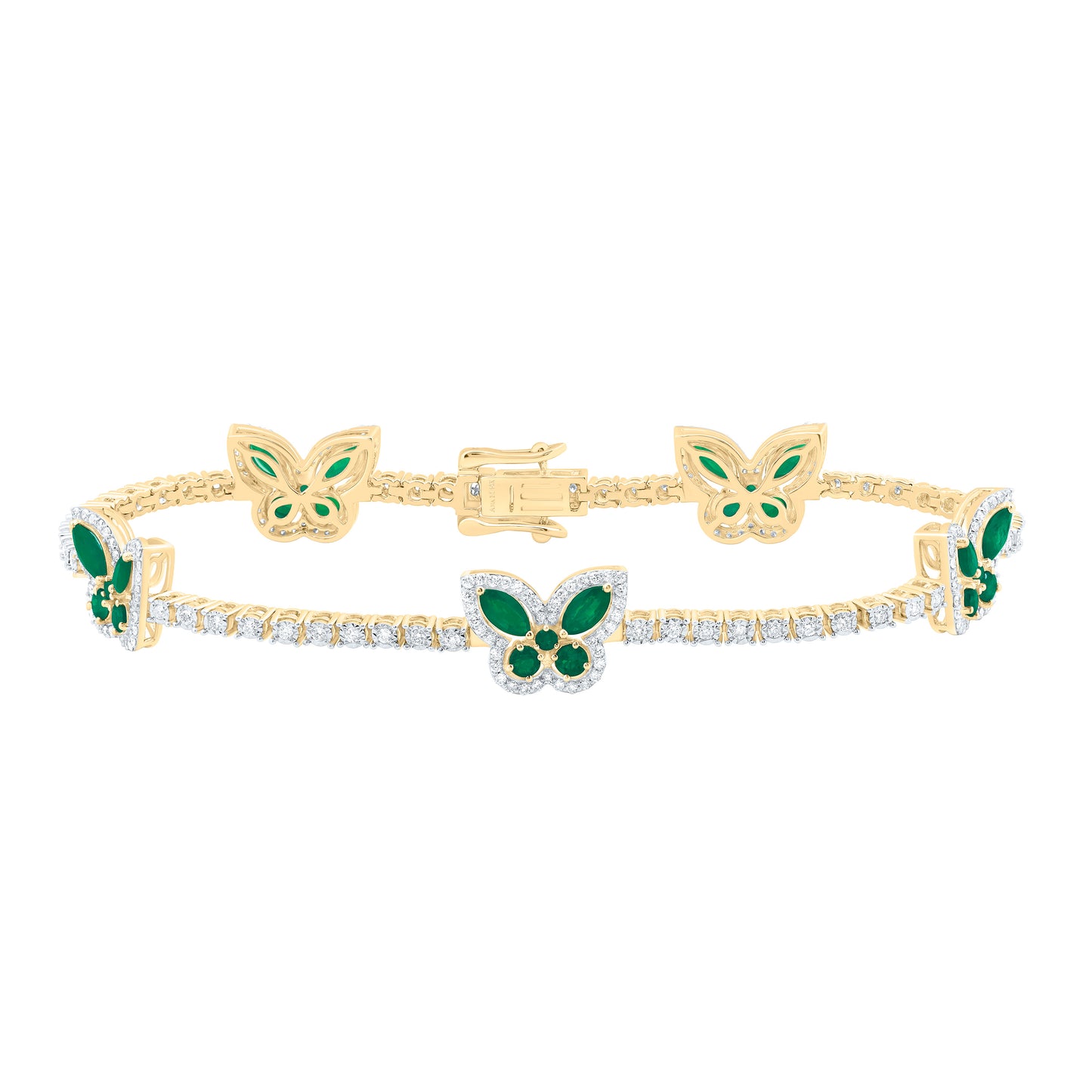 14K Yellow Gold 1 Cttw Natural Diamond Ana M 1 1/2 Cttw Marquise Emerald, 5/8 Cttw Round Emerald, Natural Gem Butterfly Bracelet (7 Inch)
