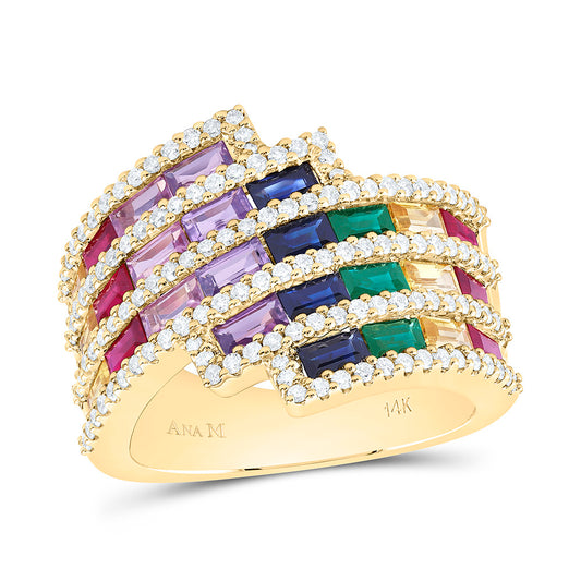 14K Yellow Or White Gold 5/8Cttw Natural Diamond Ana M 3 Ct Baguette Natural Gem Multi Clr Sapphire Ring