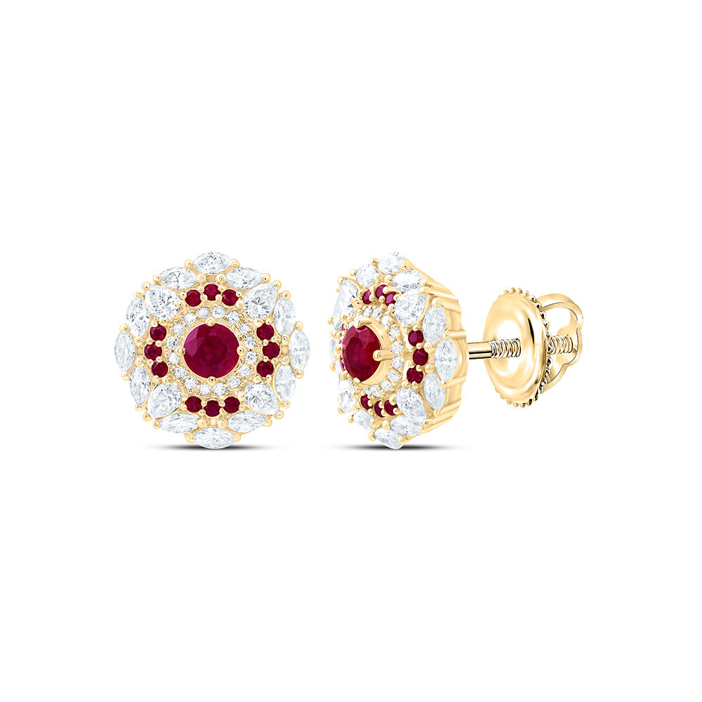18K Yellow Gold 1 Cttw Natural Diamond Ana M Elite 5/8 Cttw Round Ruby Natural Gem Flower Earring