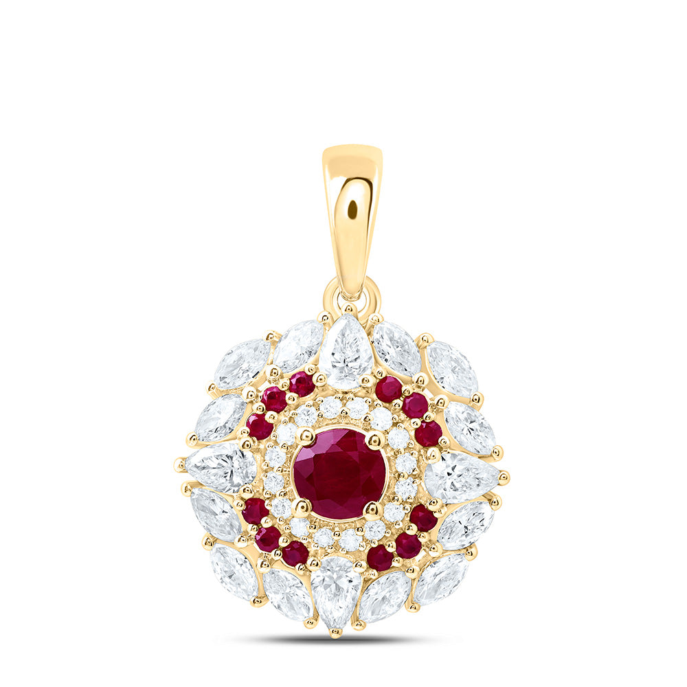 18K Yellow Gold 1 Cttw Natural Diamond Ana M Elite 1/2 Cttw Round Ruby Natural Gem Flower Pendant