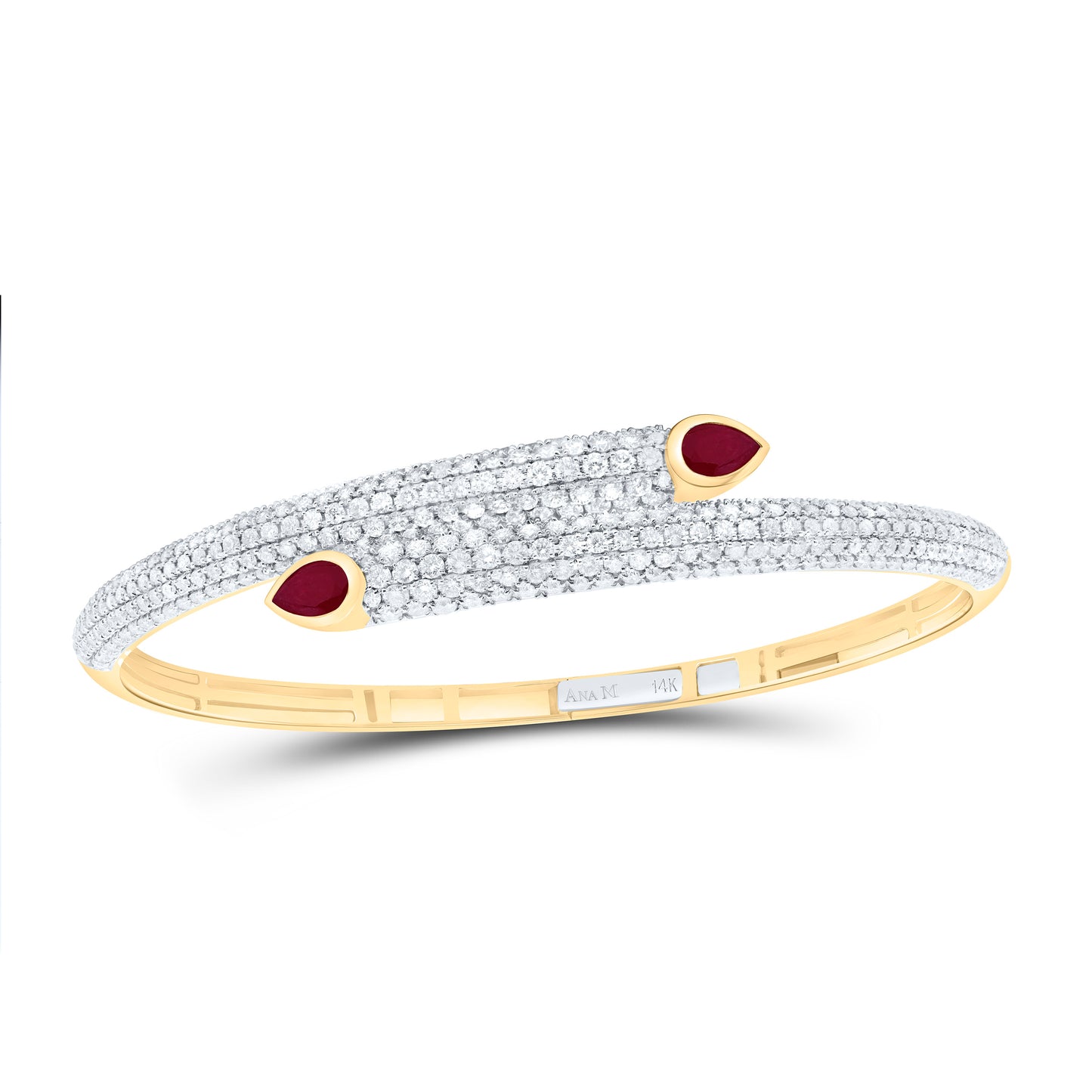 14K Yellow Gold 3 3/4Ctw Natural Diamond Ana M 6X4Mm Pear Natural Gem Tear Drop Bangle (65X55Mm)