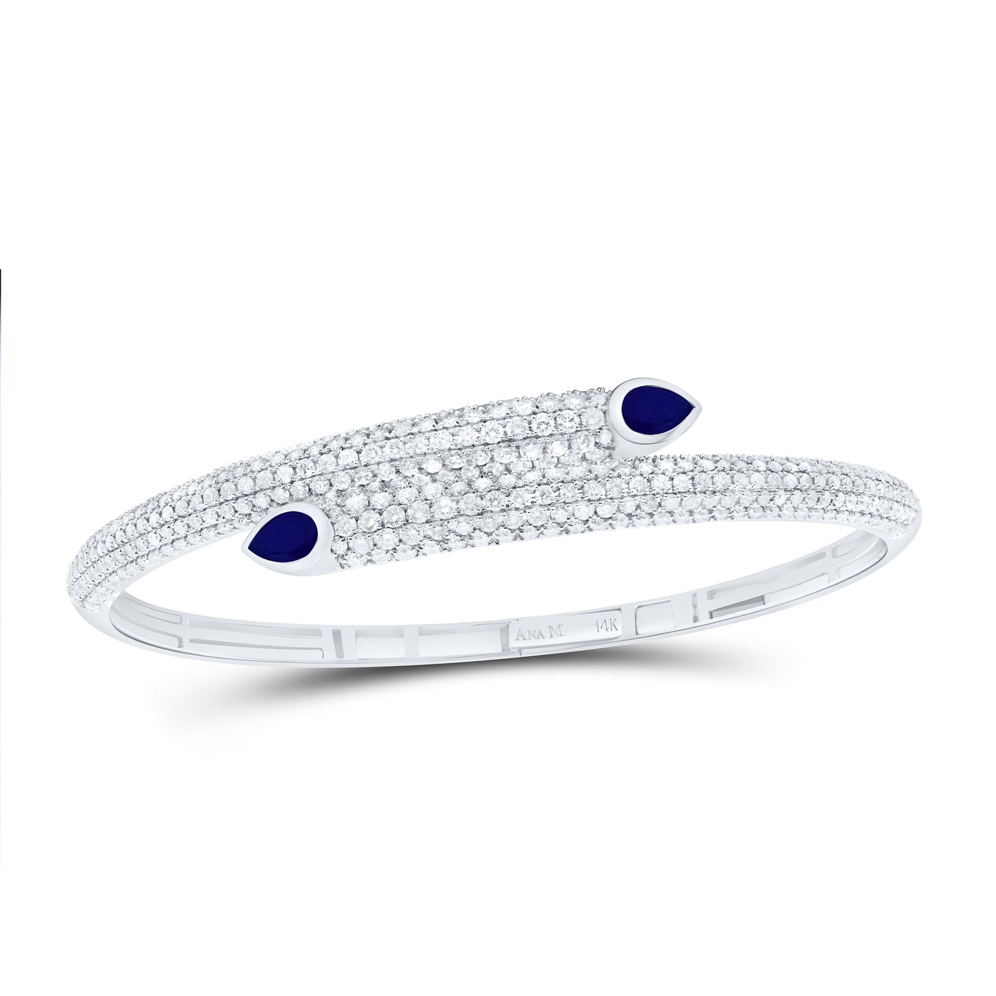 14K White Gold 3 3/4CTW Natural Diamond Ana M 6X4Mm Pear Blue Sapphire Tear Drop Bangle (65X55MM)