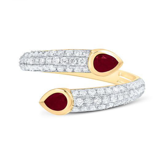 14K Yellow Gold 3/8 Cttw Natural Diamond Ana M 4X3Mm Pear Shape Ruby Natural Gem Tear Drop Bridal Anniversary Wedding Engagement Band Ring
